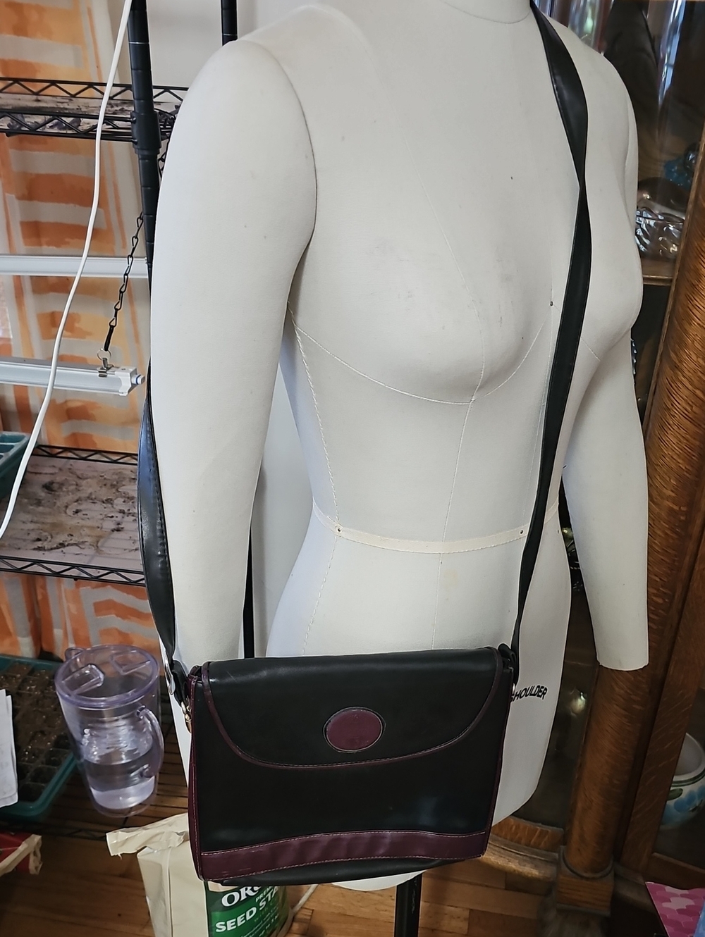 Black and Burgundy Leather Crossbody Bag